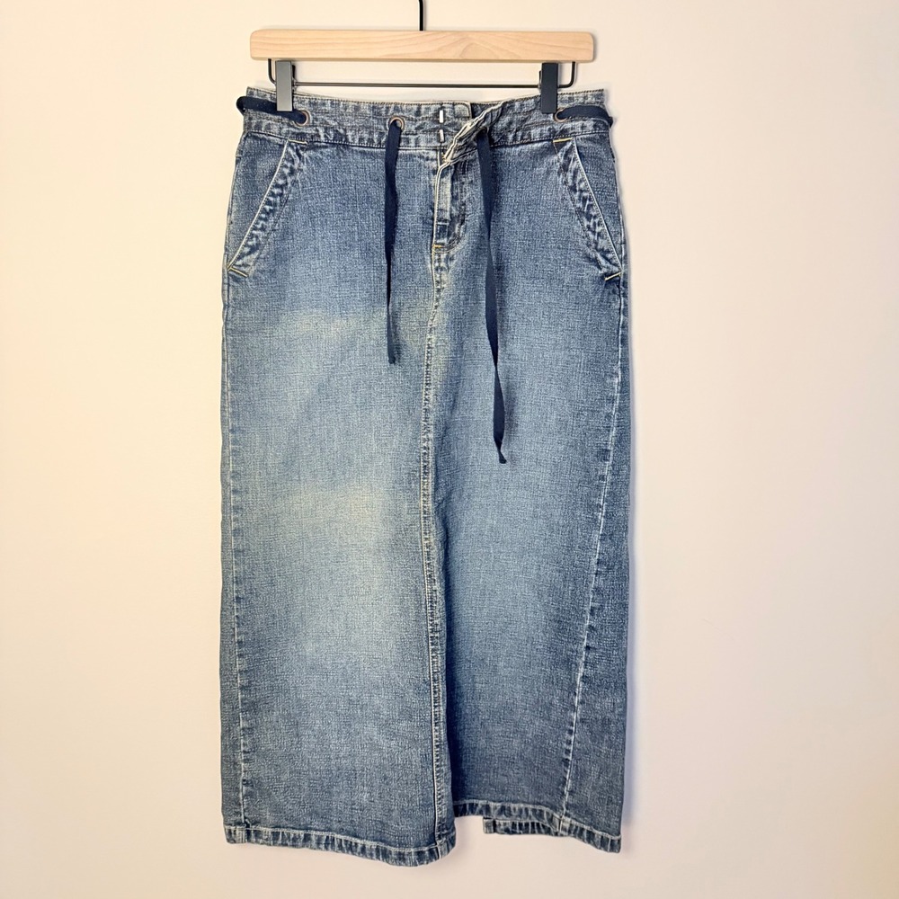 Vintage 90s Old Navy Low Rise Maxi Denim Skirt Y2K Distressed Drawstring SZ 6 - Picture 4 of 7